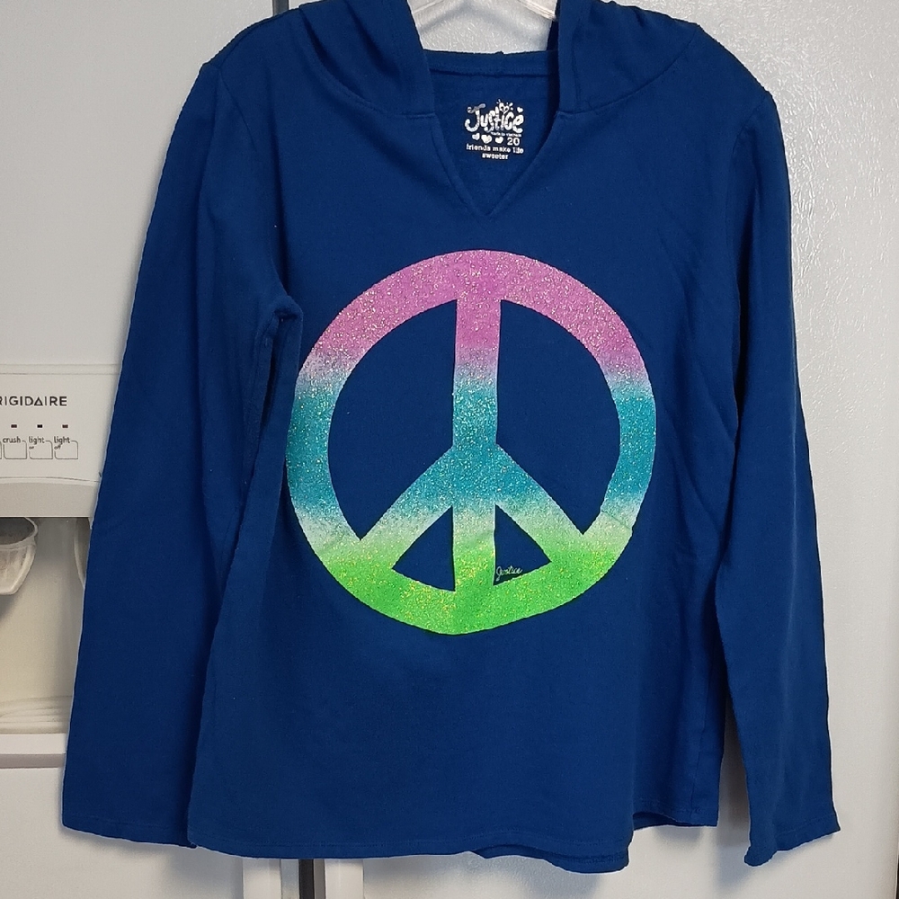 Justice Blue Hoodie W\  Glitter Peace Sign Kids Hoodie in EUC Girls Plus Size 20